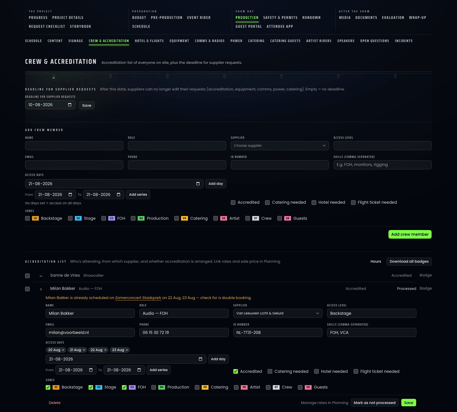 An accreditation page: a deadline for supplier requests, a form to add a crew member, and a list of everyone on site — one row opened showing supplier, access days, the accreditation, catering, hotel and flight ticks, and eight numbered colour zones.