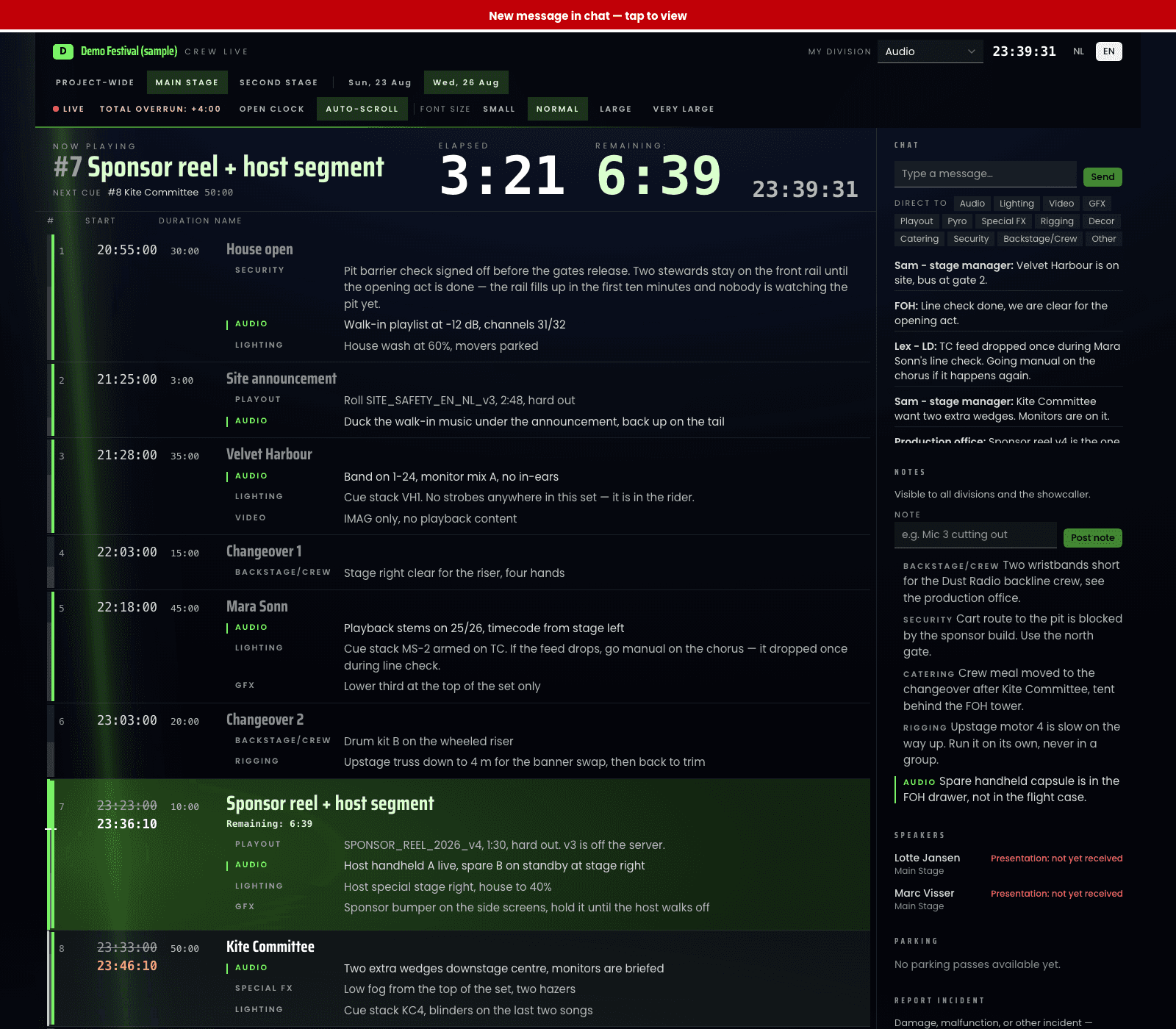 The crew view of the same show on a phone: a department selector, very large elapsed and remaining clocks, the same cue list with this department's lines marked, and font size controls.