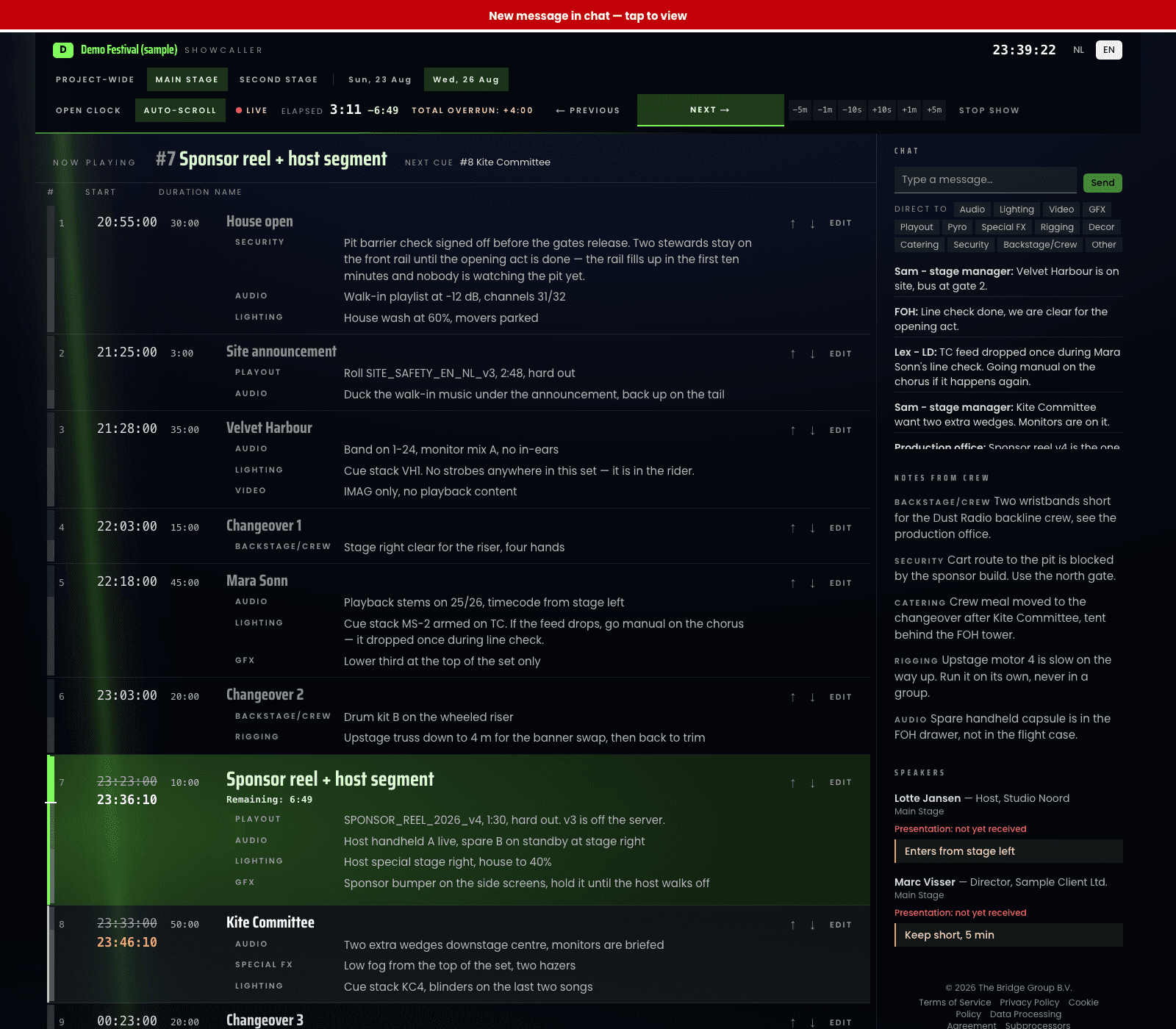 A showcaller screen during a live show: elapsed time, remaining time and total overrun across the top, previous and next cue buttons with time nudges, a cue list with instructions per department and the running cue marked, and a chat panel on the right.